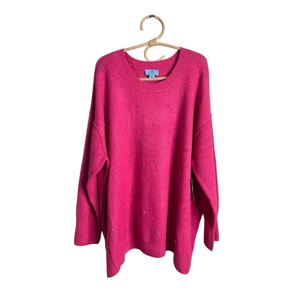 CeCe Hot Pink Drop Shoulder Crewneck Slouchy Rhinestone Stud Sweater 3X NEW - Picture 13 of 14